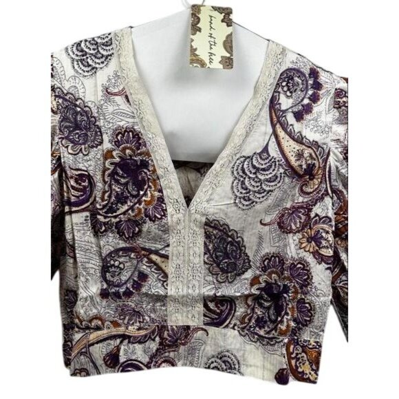 Band of the Free Blouse Women’s L Cream Purple Paisley Boho Top Festival-Ready - Picture 2 of 12